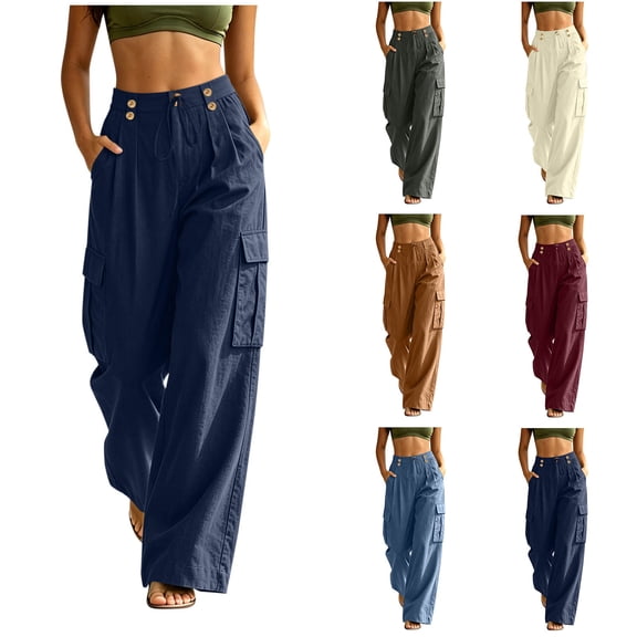 Oksale High Waisted Cargo Pants for Women Trendy Tall Straight Leg Pull On Pants with Multi Pockets Cozy Cotton Linen Pants Navy S