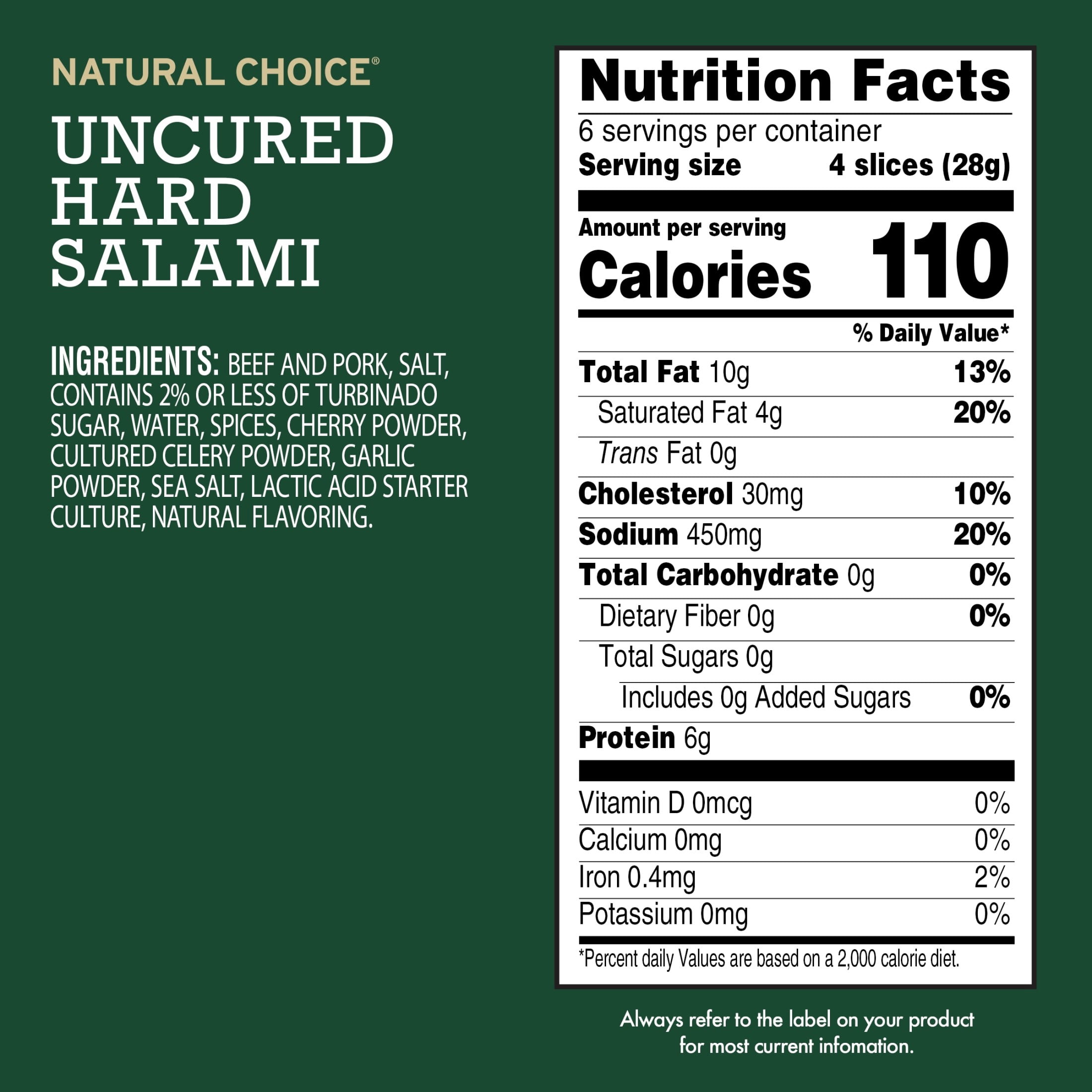Hormel Natural Choice Uncured Hard Salami Deli Lunchmeat, 6 oz Plastic Package