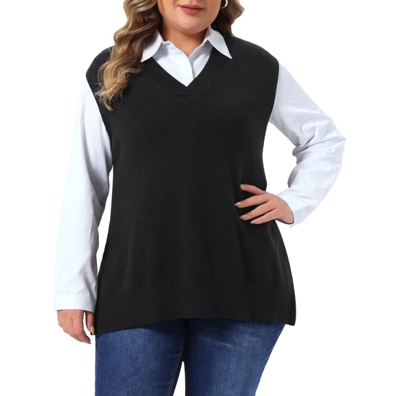Agnes Orinda Women's Plus Size V Neck Knit Sweater Vest Sleeveless Side Split Casual Pullover Waistcoat 1X Black