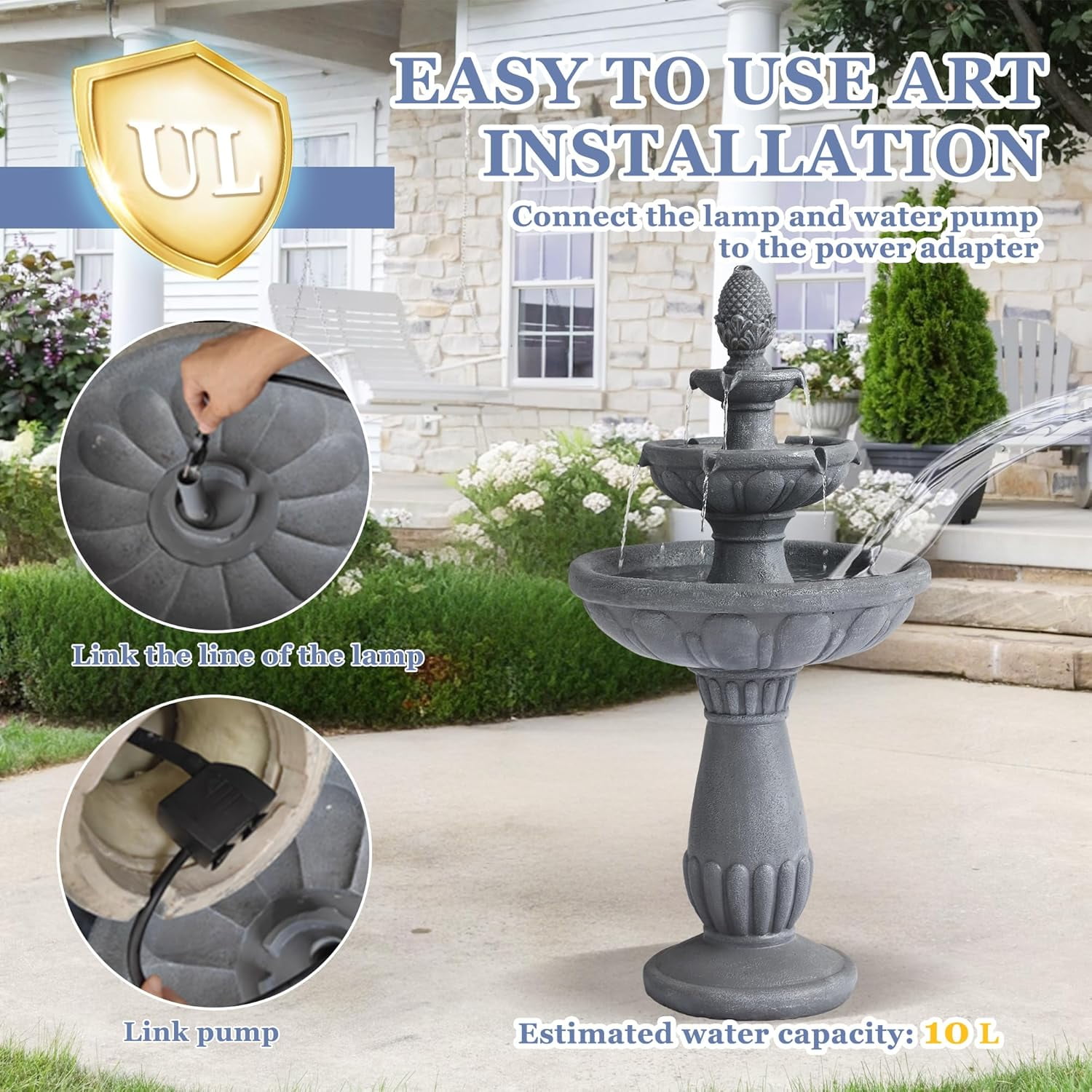 Grepatio Italian Outdoor Water Fountain, 3 Tiers Bubbler Garden Waterfalls Fountains, 40.6" H Tall Roman Pillar Floor Water Fountain for Indoor, Yard, Lawn and Garden Décor