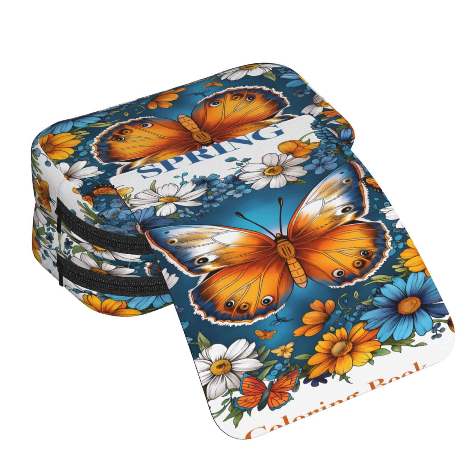 Rateoe Spring Butterfly Flowers Pattern Double Clamshell Pen Case, Storage Organizer with Two Zipper Compartments– Holds Up to 50 Pencils & Pens