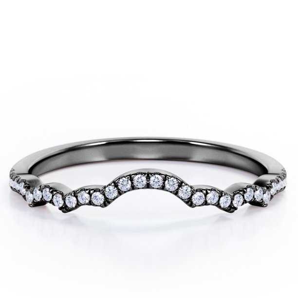 JeenMata Alianza de Boda Curvada con Forma de Nube de Diamantes de Talla Redonda de 0,15 TCW y Pavé Festoneado en Oro Negro de 10 K