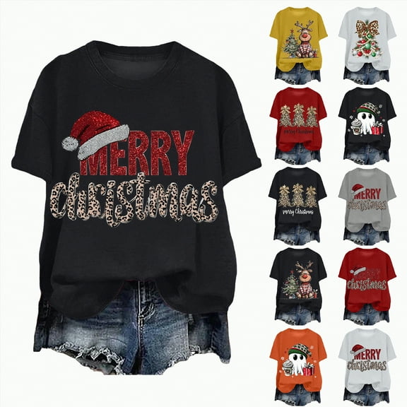Towmus Womens Crew Neck Short Sleeve Merry Christmas T-Shirts Santa Hat Bright Graphic Tee Fall Holiday Tops, Black, L