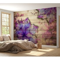 Tiptophomedecor Background & Patterns Wallpaper Wall Mural - Purple Watercolour Flowers on Wood