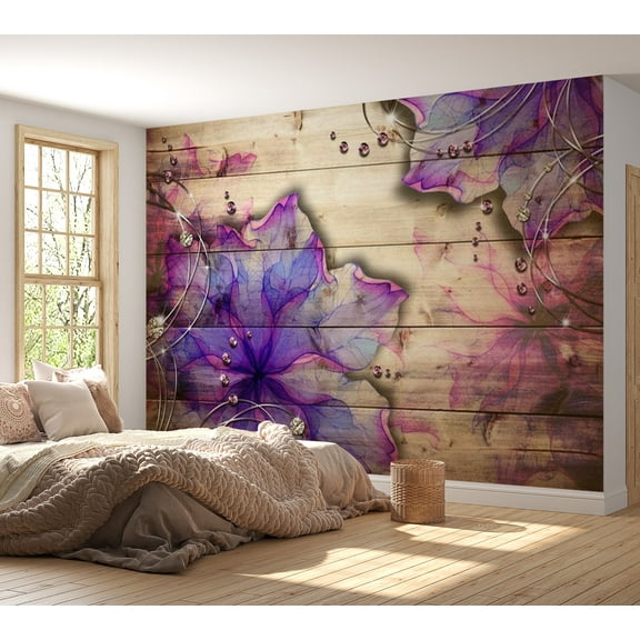 Tiptophomedecor Background & Patterns Wallpaper Wall Mural - Purple Watercolour Flowers on Wood
