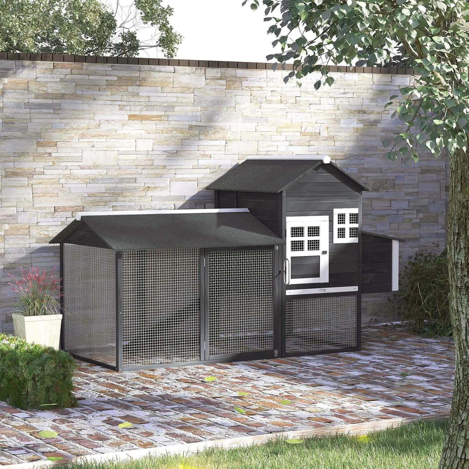 Pefilos 84" Chicken Coop Rabbit Hutch, Outdoor Wooden Poultry Cage Hen House with Nesting Box, Enclosed Run, Removable Tray for Garden Backyard, Gray