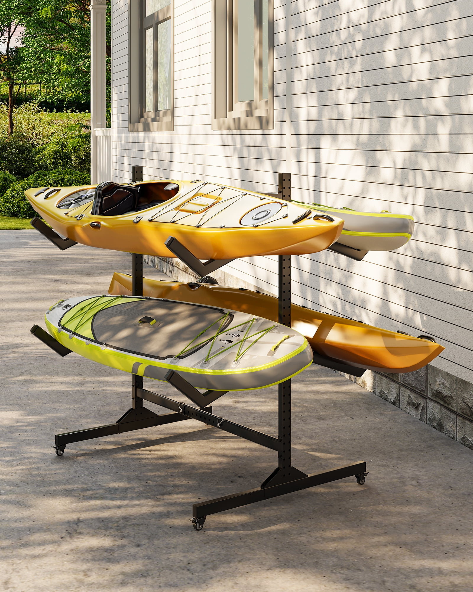 Mescukay Freestanding Kayak Storage Rack for 4 Kayaks, Kayak Racks for Outdoor Storage with Movable Wheels, Kayak Stand Heavy Duty Storage for Canoe, SUP and Surfboard