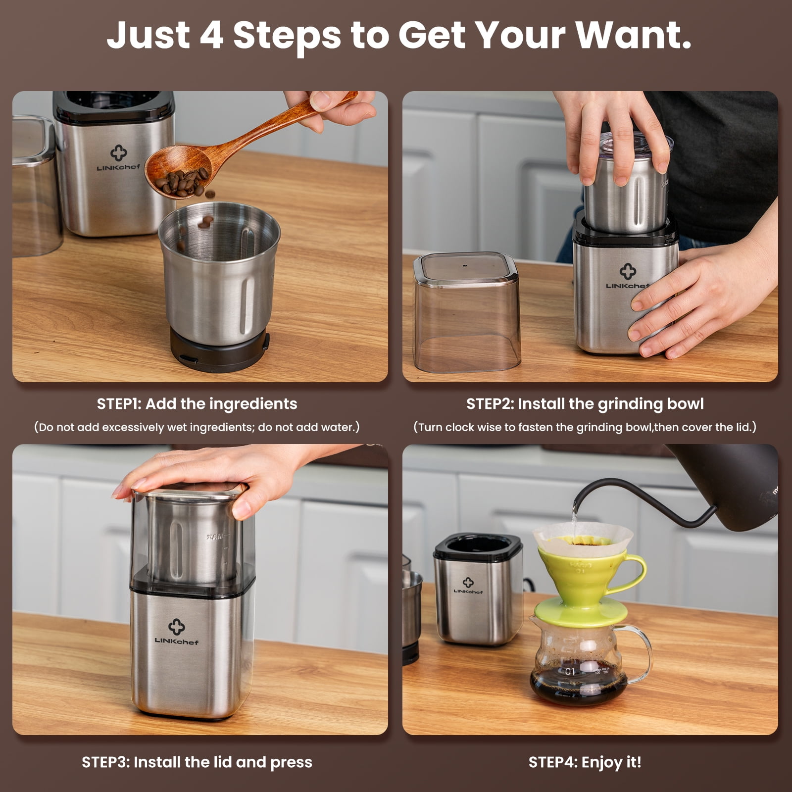 LINKChef Coffee Grinder, Spice Grinder with 4 Blades for Coffee Beans, Spice, Tea - New (Silver)