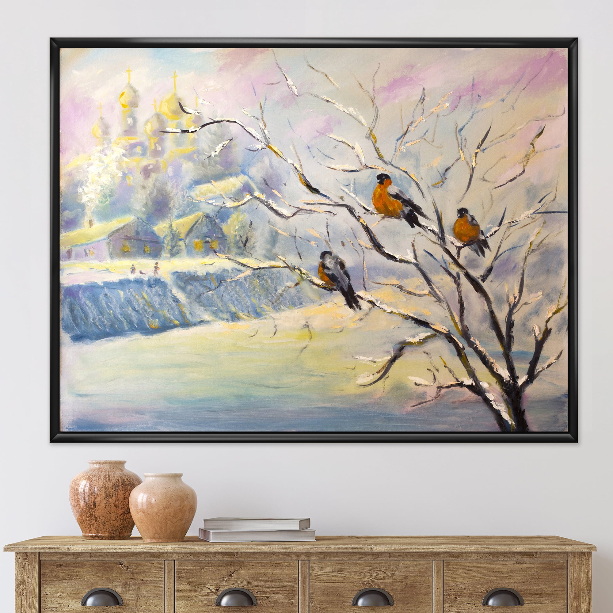 Designart 'Rustic Birds Sitting On A Tree In Winter Village' Farmhouse Framed Canvas Wall Art Print