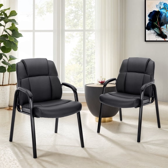 Waiting Room Chairs Set of 2, PU Leather Office Guest Reception Chairs with Padded Arms, No Wheels Stationary Chairs for Lobby, Conference, Home Office