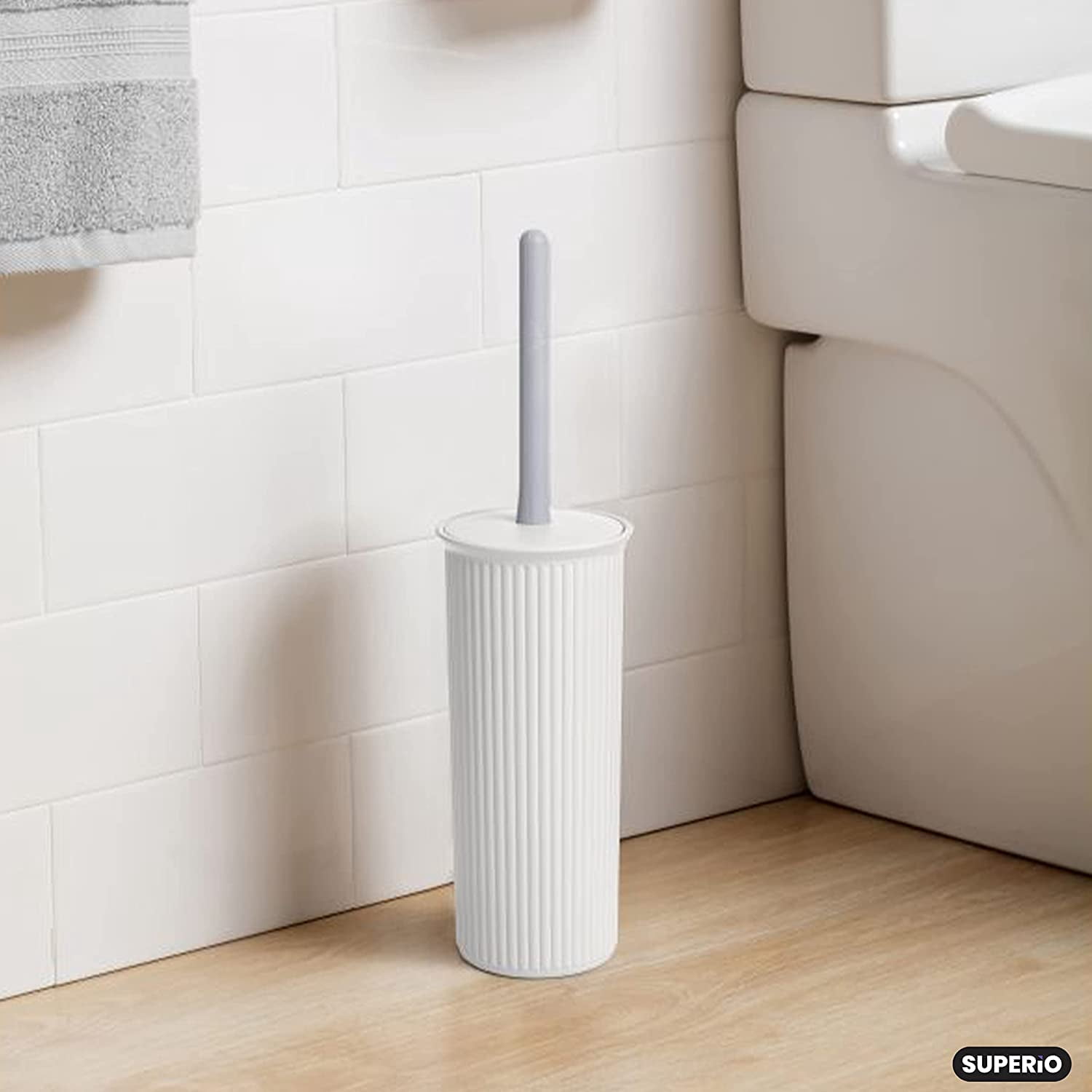 Superio Plastic Toilet Bowl Cleaning Brush and Holder Set (Pack of 2)- 15"H x 6"W x 5"D, Bathroom Scrubbing Brush, White