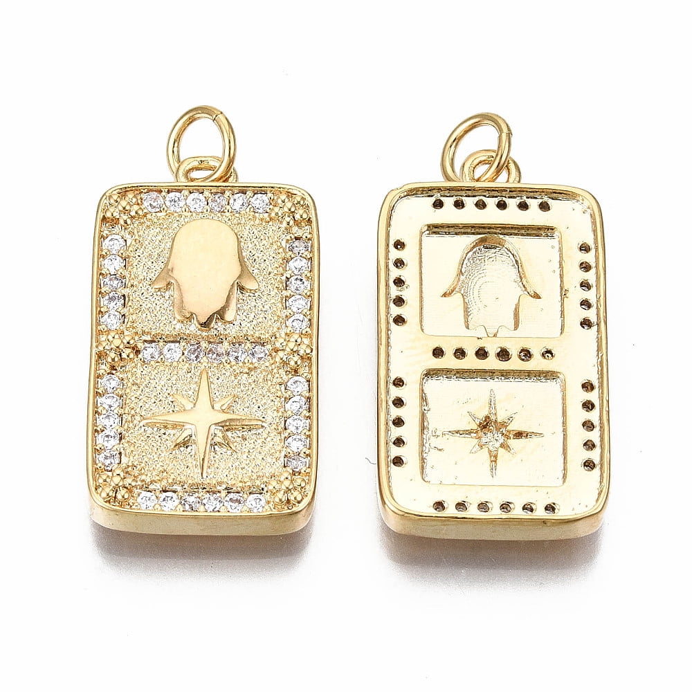 10 pc Brass Micro Pave Clear Cubic Zirconia Pendants Nickel Free Rectangle with Star & Hamsa Hand Real 18K Gold Plated 25x23x3mm Jump Ring: