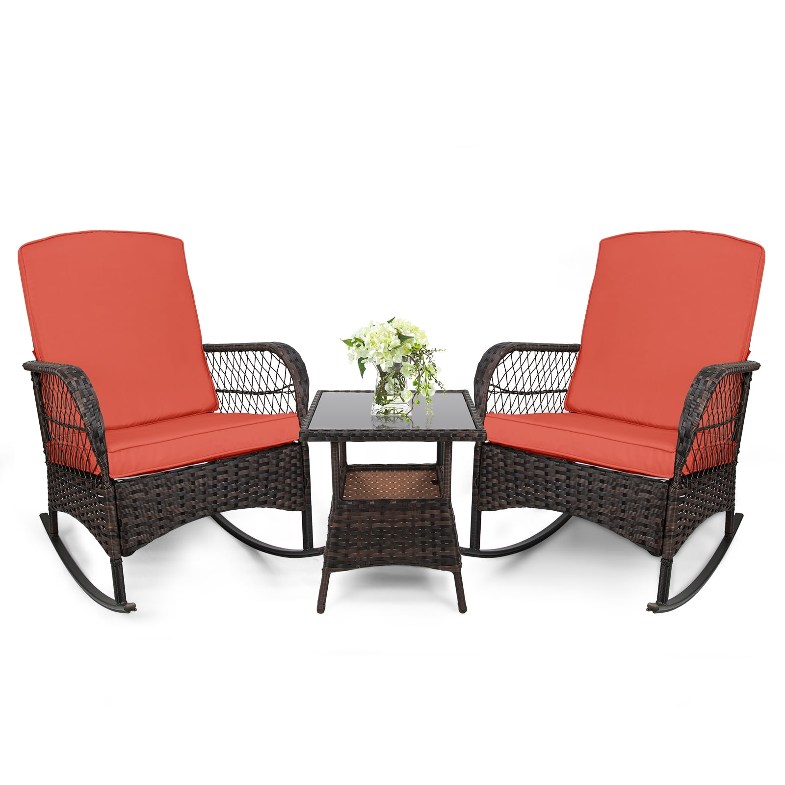 LEVELEVE 3 pcs Rocking Bistro Set Conversation Chairs PE Wicker Outdoor