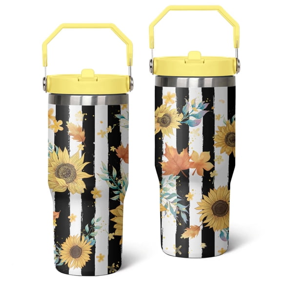 30oz Sunflower Stainless Steel Tumbler with Top Handle,Cute Floral Travel Coffee Mug Flip Straw Cup,Gifts for Women Girls Men Adults(light-yellow)
