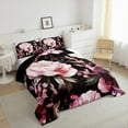 thumbnail image 3 of Manfei Retro Peony Queen Comforter Set for Women Girls, Vintage Blossoms Bedding Sets, Tropical Floral Bedding Comforter Set, Black Pink Bedroom Decor, Reversible 3-Piece, 3 of 8