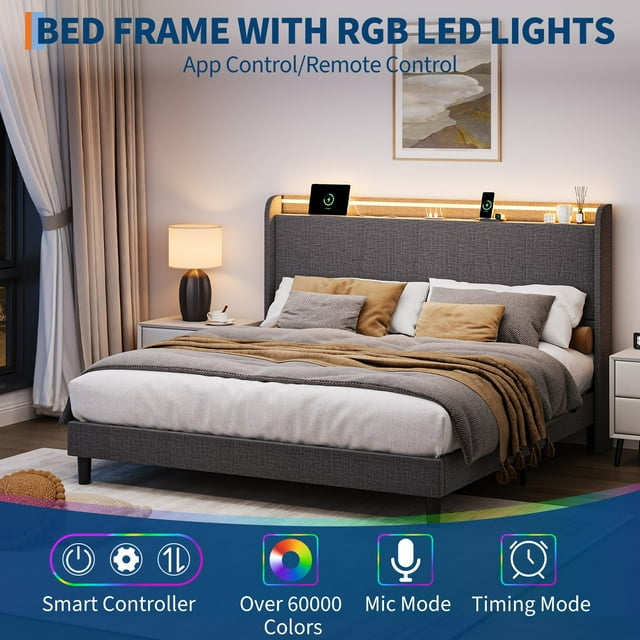 GloryStar Cadre de Lit Plateforme Moderne avec Station de Charge Intégrée et Lumières LED RGB, Tête de Lit Rembourrée sur Lattes en Bois, Pas de Sommier Nécessaire, Assemblage Facile