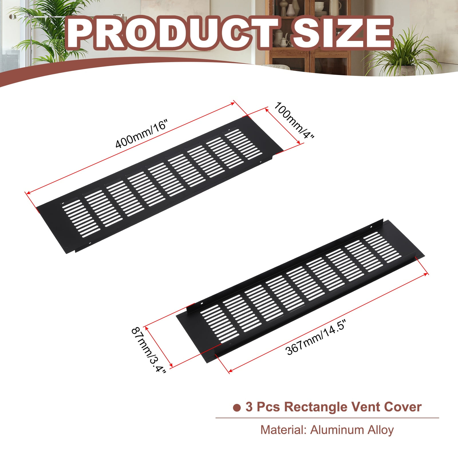 Uxcell 16 x 4" Rectangle Ventilation Grille 3Pcs Aluminum Air Vent Cover Black