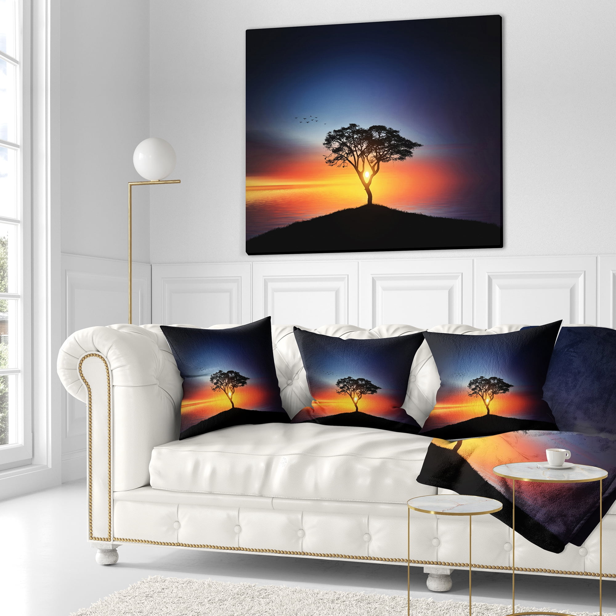 Designart Beautiful Sunset over Lonely Tree - Landscape Printed Throw Pillow - 18x18