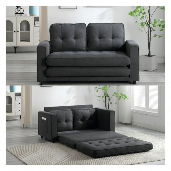 Folding Sofa Bed, Futon Loveseat Sleeper Sofa with Pull Out Bed and Pockets, Comfy 3 in 1 Convertible Small Couch for Living Room Bedroom Apartment (Dark Gray, Velvet)