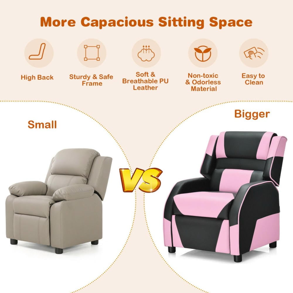 Barara King Kids PU Leather Recliner Chair with Headrest and Footrest, Kids Gaming Sofa Recliner Chair for Living Room, Bedroom, Pink