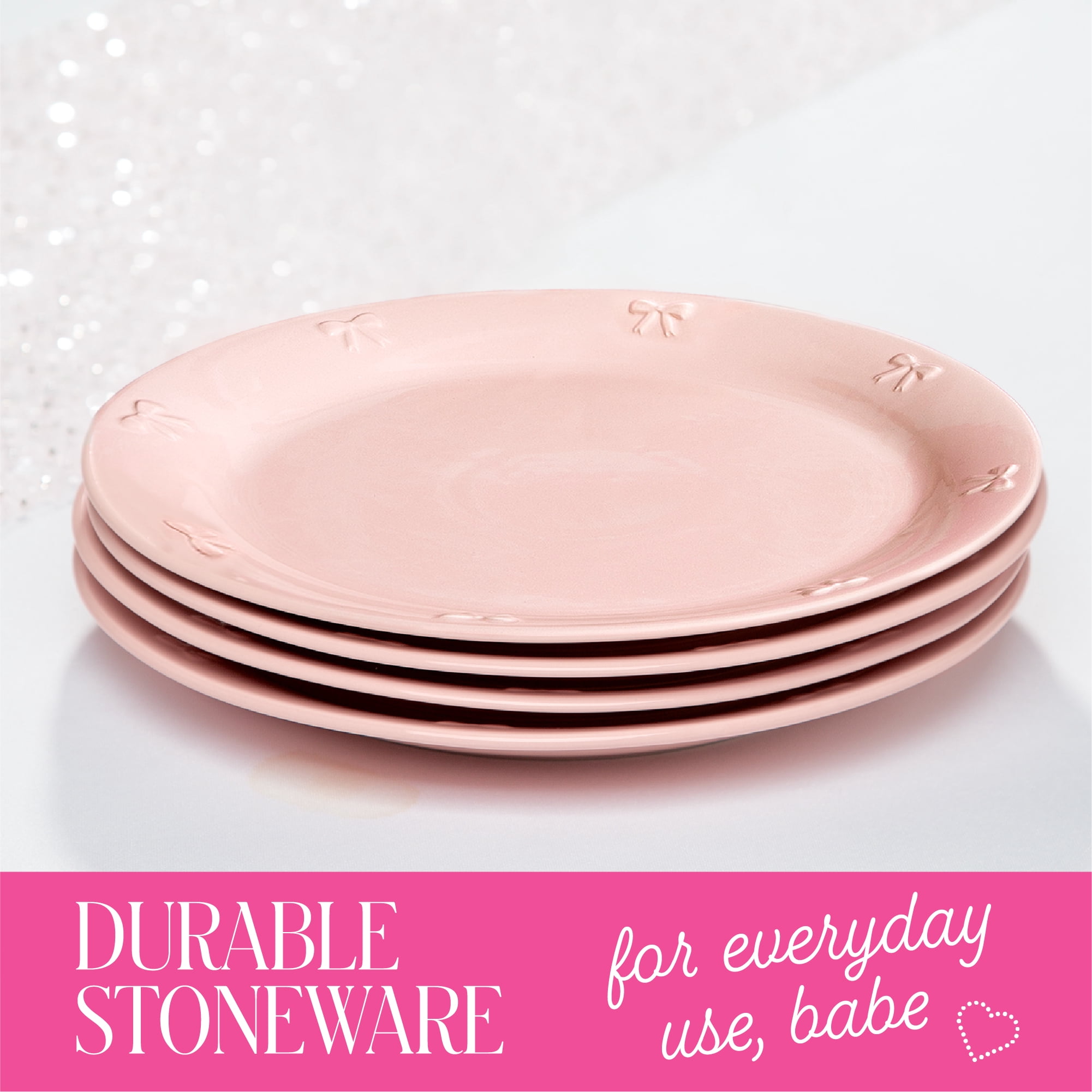Paris Hilton London Collection 10.5-Inch Stoneware Ceramic Dinner Plates, Set of 4, Microwave & Dishwasher Safe, Pink with Embossed Bow Detailing