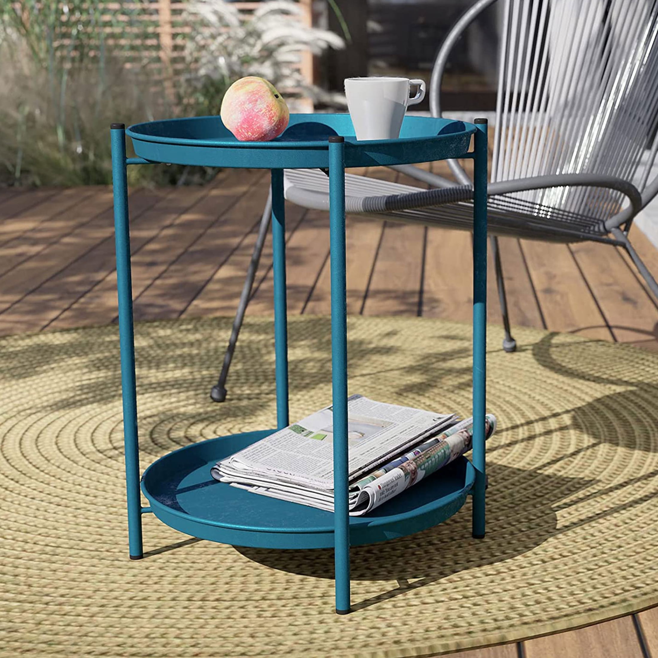 Grand Patio Indoor & Outdoor Side Table 2-Tier, Weather-Resistant Steel Round End Table for Porch, Poolside, Bedroom, Living Room, Peacock Blue