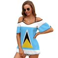 St. Lucia Flag Slit Sleeve Cold Shoulder Print Women T Shirt Casual