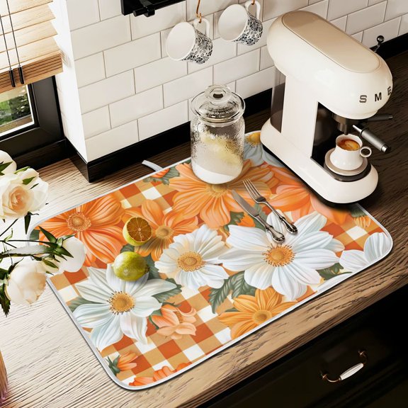 Yayeee Dish Drying Mat for Kitchen Counter 16" x 18" Microfiber Super Absorbent Coffee Decorative Pad, Sunny Floral