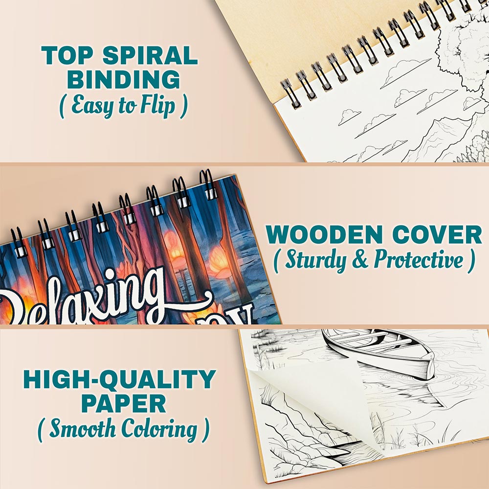 Netecom Relaxing Therapy Coloring Book Spiral Bound for Adults, A5 Wooden Cover, 30 Relaxing Coloring Pages of Mindful Scenes for Anxiety Relief and Anti-Stress