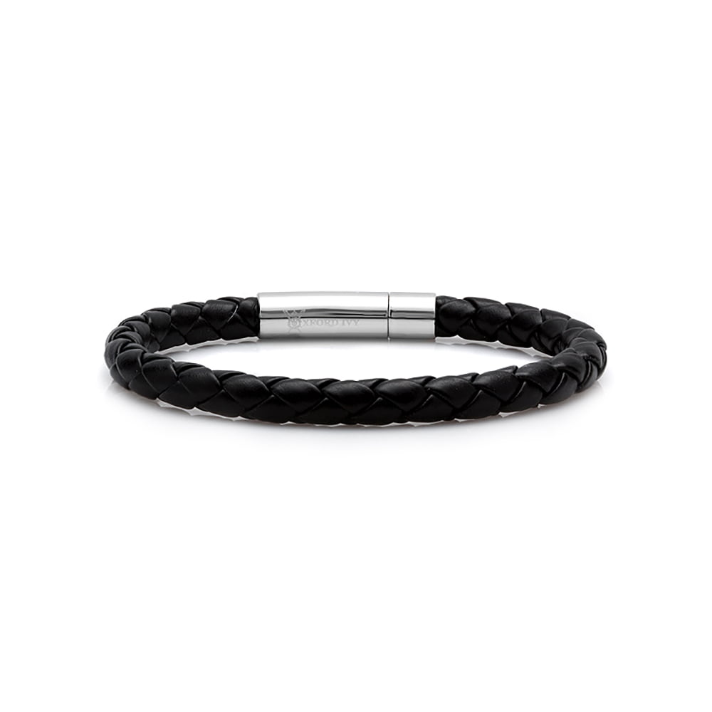 Oxford Ivy - Braided Black Faux Leather Mens Bracelet 6 mm 8 1/2 inches ...