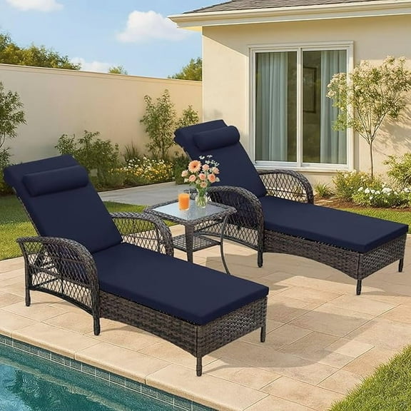 HOMEDIARY 3-Piece Outdoor Wicker Chaise Lounge Chair Set with Side Table, All Weather Patio Rattan Reclining Sunbathing Lounger Chair with 6-Position Adjustable Backrest, Armrest & Pillow, Navy Blue