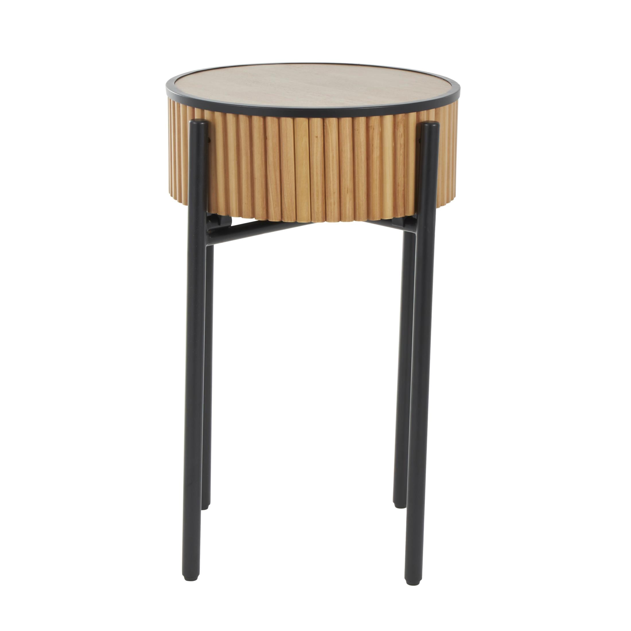 DecMode 18" x 27" Brown Wood Handmade Slatted Drum Accent Table with Black Metal Legs, 1-Piece