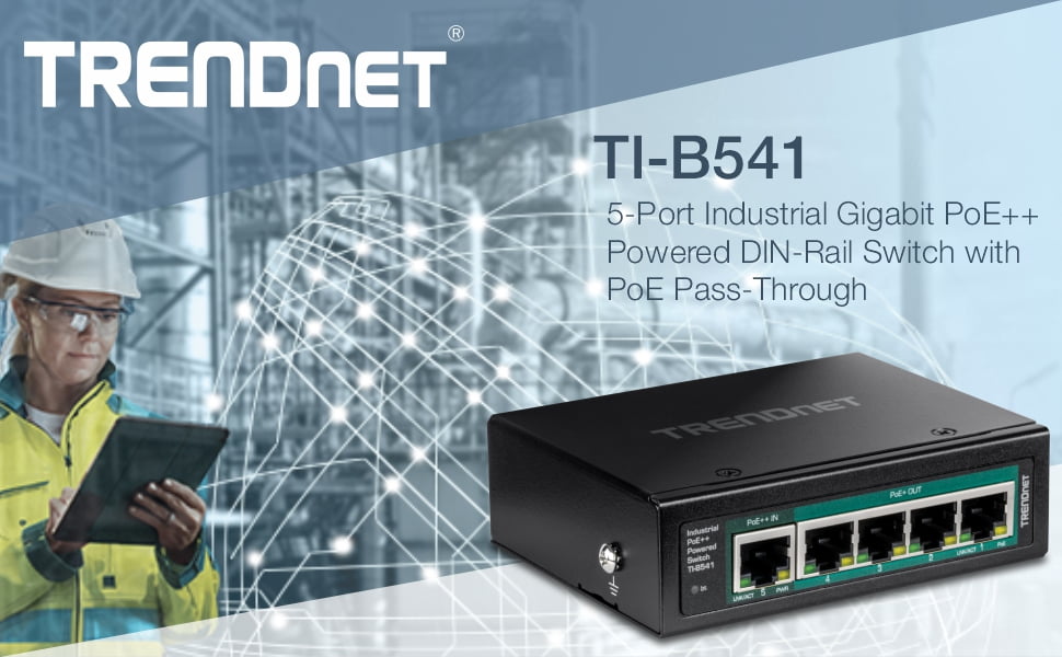 TRENDnet TI-B541 5-Port Industrial Gigabit PoE++ Powered DIN-Rail Switch with PoE Pass-Through