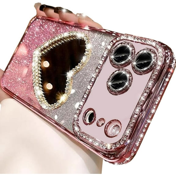 Glitter Mirror Case for iPhone 17 Pro,Cute Luxury Diamond Heart Makeup Mirror Bling Sparkly Rhinestones with Camera Lens Protector Plating Bumper Women Girls Case for iPhone 17 Pro 6.3", Pink