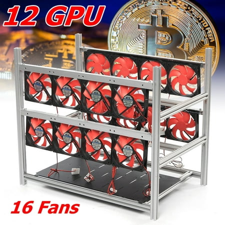 12 GPU Aluminum GPU Mining Case Rig Open Air Frame with 16 Fans Open Air Computer Crypto Coin Frame