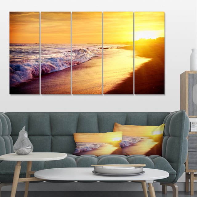 Bright Yellow Sky with Foam Waves - Large Seashore Canvas Print
