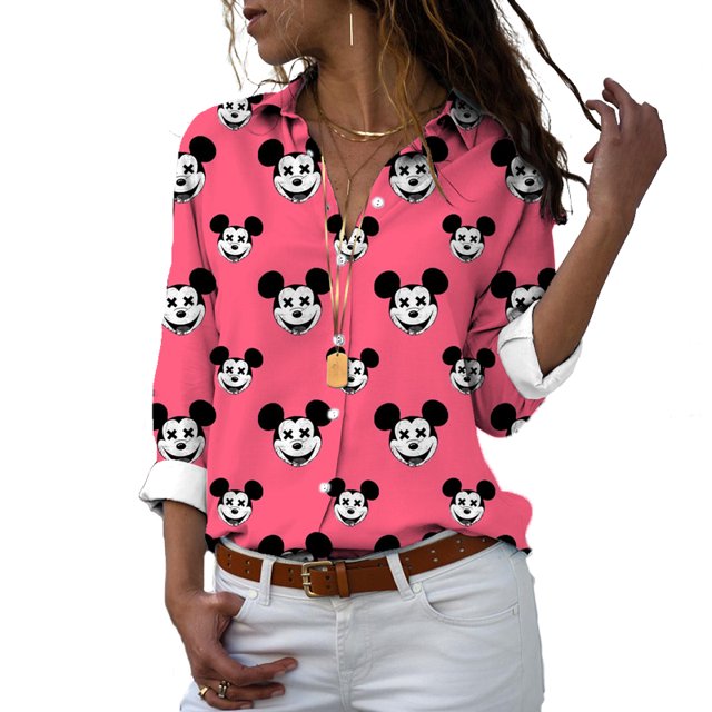Disney-Camiseta de manga larga con botones para mujer, camisa informal con solapa y estampado 3D de Mickey, Minnie, Pato Donald, estilo Harajuku, y2k, novedad de 2022