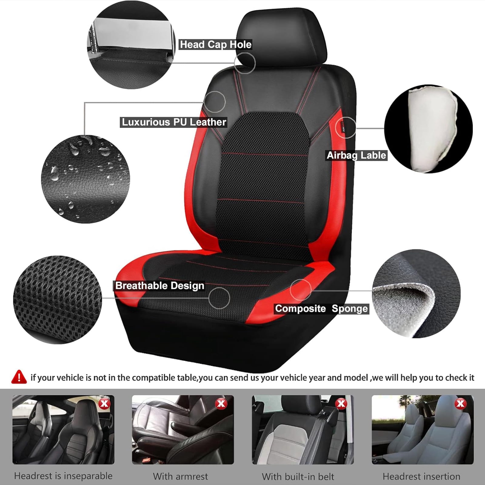 CAR GRAND Leather car seat covers front pair air mesh breathable universal fit airbag compatible car, SUV, truck and van red