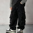 thumbnail image 5 of GXWEA Boys Jeans Boys Black Multi Cargo Pocket Wide Leg Denim Pants Embroidery Loose Street Jeans Spring Daily Wear（Black,7-8 Years）, 5 of 9