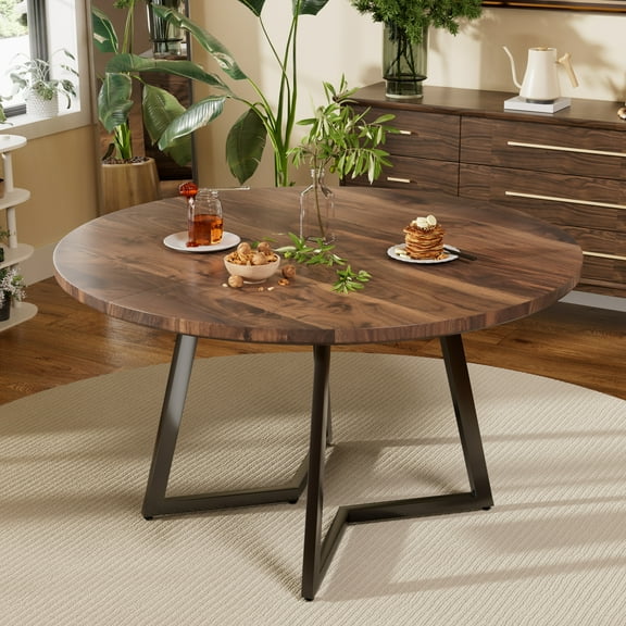 KATBOC 47in Round Walnut Dining Table, Scratch-Resistant Solid Natural Wood, Modern Farmhouse for 4-6 People and Dinning, Living Room,Dark Brown