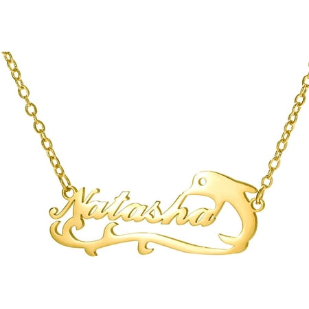 Dolphin Custom Name Necklace, Gold Plated Stainless Steel Personalized Nameplate Pendant Necklaces, Cross Chain, 6 Chain Length Options