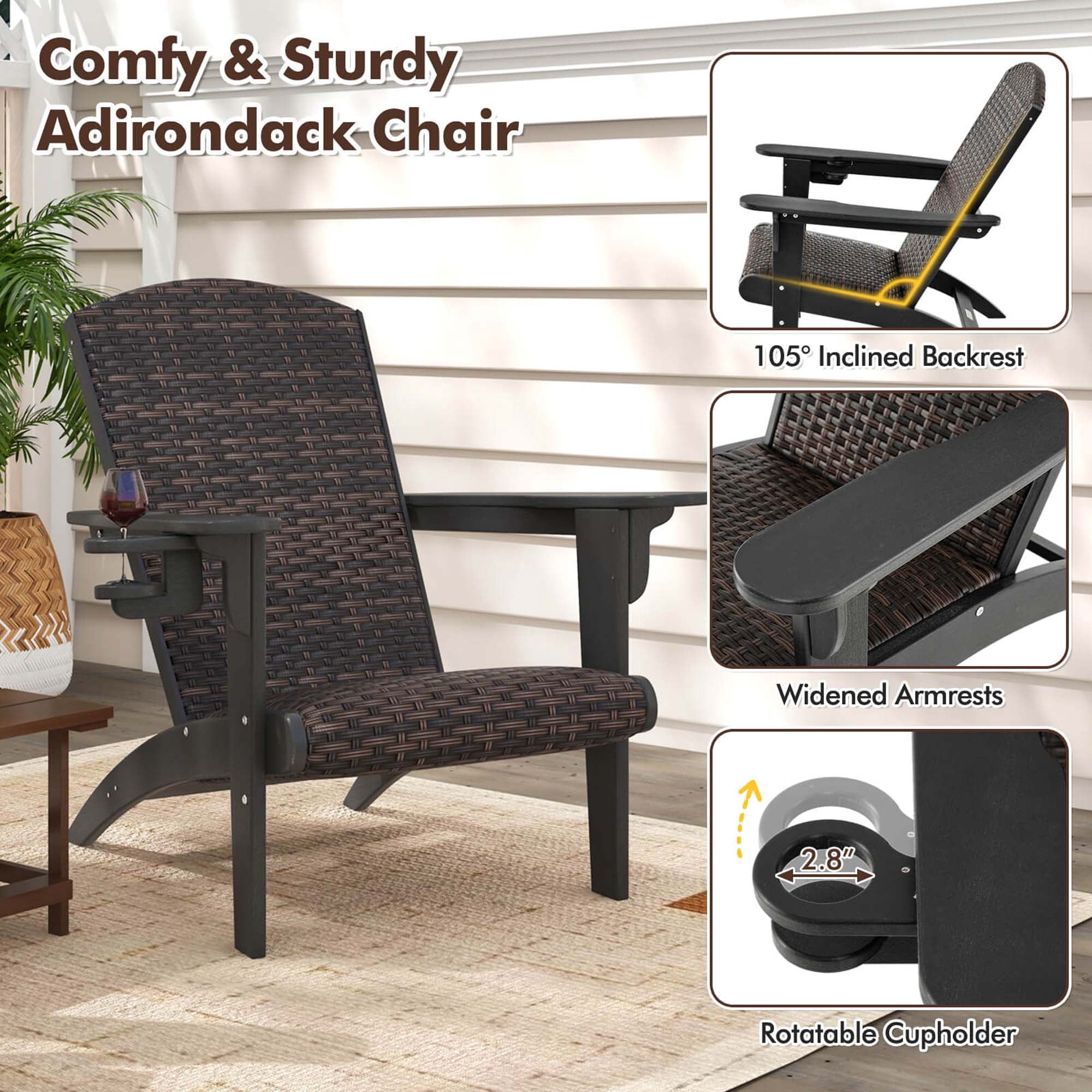 Costway Patio Adirondack Chair with Rattan Padded Seat Wide Armrests & Hidden Cupholder Black