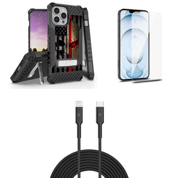 Bemz iPhone 13 Pro Bundle: Tri Shield Shockproof Armor Rugged Case (American Spartan Skull), Premium Glass Screen Protectors (2-Pack), USB-C to Lightning Cable (3.3ft/1m)