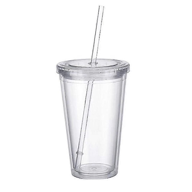 Double-layer Plastic Cup With A Lid And Straw, Insulated Coffee Cup, 500ml, Transparent