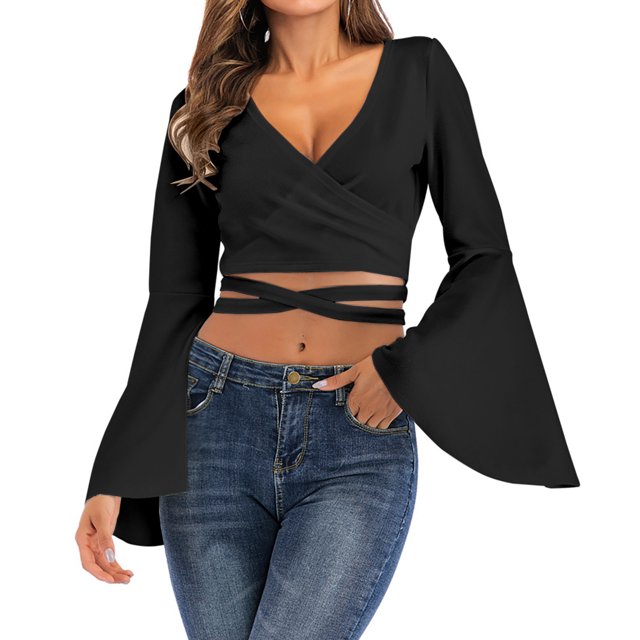 ESSSUT Hauts pour Femmes Liquidation Tendances Décontractées Printemps Été Manches Longues Blouses Col en V & Noir L