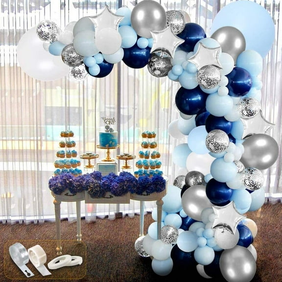 MMTX Blue Arch Balloons Garland Kit, Baptism Balloons Communion Balloons, Light Blue White Balloons, Metallic Silver Confetti Balloons for Baby Shower Baptism Birthday Wedding Party