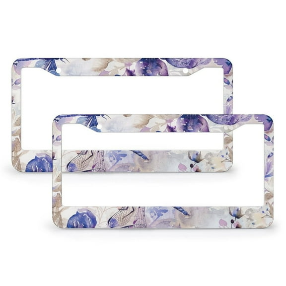 2 Pieces Watercolor Dragonflies And Purple Floral License Plate Frames Spring Flower Car Front License Plate Frame Aluminum Metal 2 Round Holes Gift for Dad