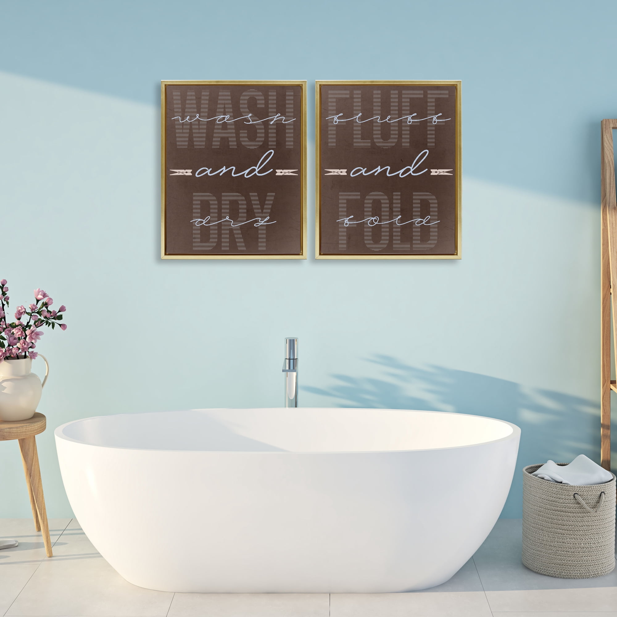 Laundry Words in Brown 2 Piece Gold Framed Floater Canvas Set, design by Marcus Prime