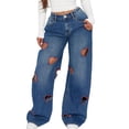 thumbnail image 2 of Women'S Jeans Baggy High Waist Hollow Heart Embroidery Wide Leg Denim Pants Blue S, 2 of 8