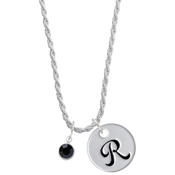 Delight Jewelry Crystal Black Channel Drop Silvertone Script Initial Disc - R - Charm Necklace, 20"+3"